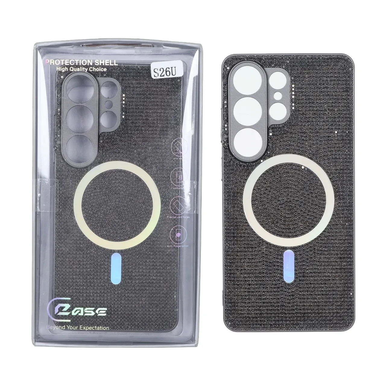 قاب C Case نگین دار MagSafe هولوگرامی محافظ لنزدار Samsung Galaxy S26 Ultra - خاکستری (پک دار)