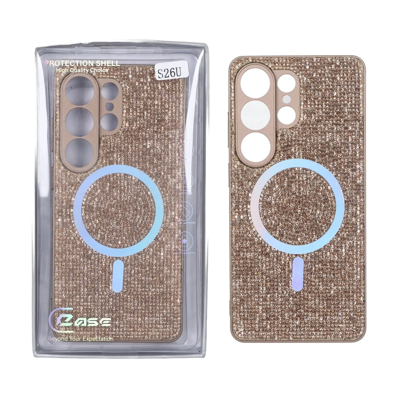 قاب C Case نگین دار MagSafe هولوگرامی محافظ لنزدار Samsung Galaxy S26 Ultra - قهوه ای (پک دار)