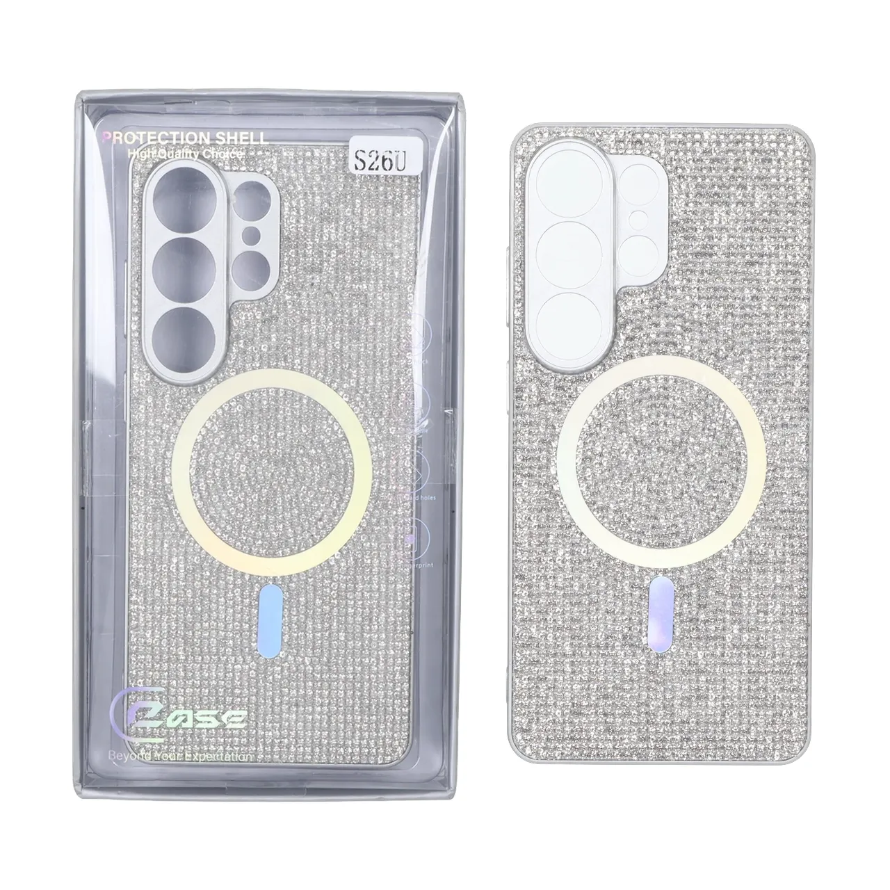 قاب C Case نگین دار MagSafe هولوگرامی محافظ لنزدار Samsung Galaxy S26 Ultra - نقره ای (پک دار)