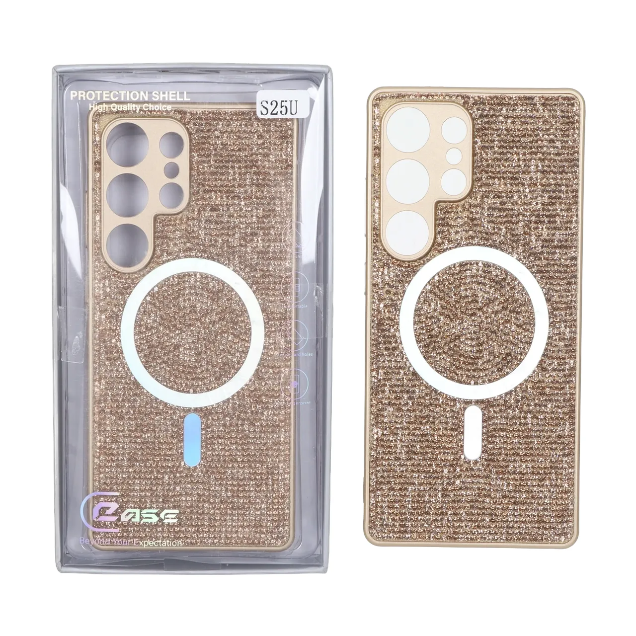 قاب C Case نگین دار MagSafe هولوگرامی محافظ لنزدار Samsung Galaxy S25 Ultra - طلایی (پک دار)