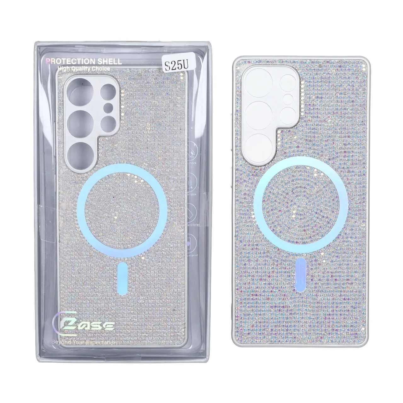 قاب C Case نگین دار MagSafe هولوگرامی محافظ لنزدار Samsung Galaxy S25 Ultra - هفت رنگ (پک دار)