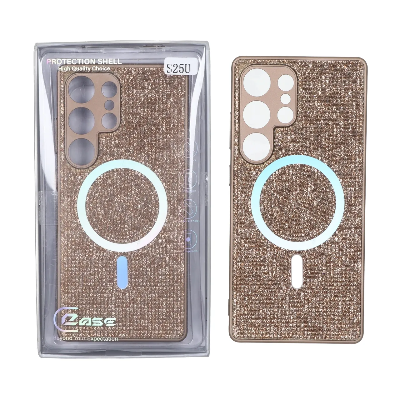 قاب C Case نگین دار MagSafe هولوگرامی محافظ لنزدار Samsung Galaxy S25 Ultra - قهوه ای (پک دار)