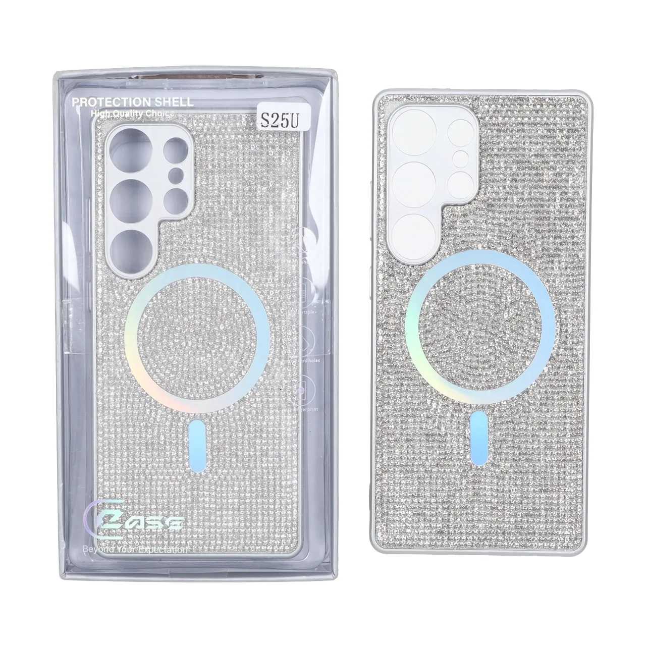 قاب C Case نگین دار MagSafe هولوگرامی محافظ لنزدار Samsung Galaxy S25 Ultra - نقره ای (پک دار)