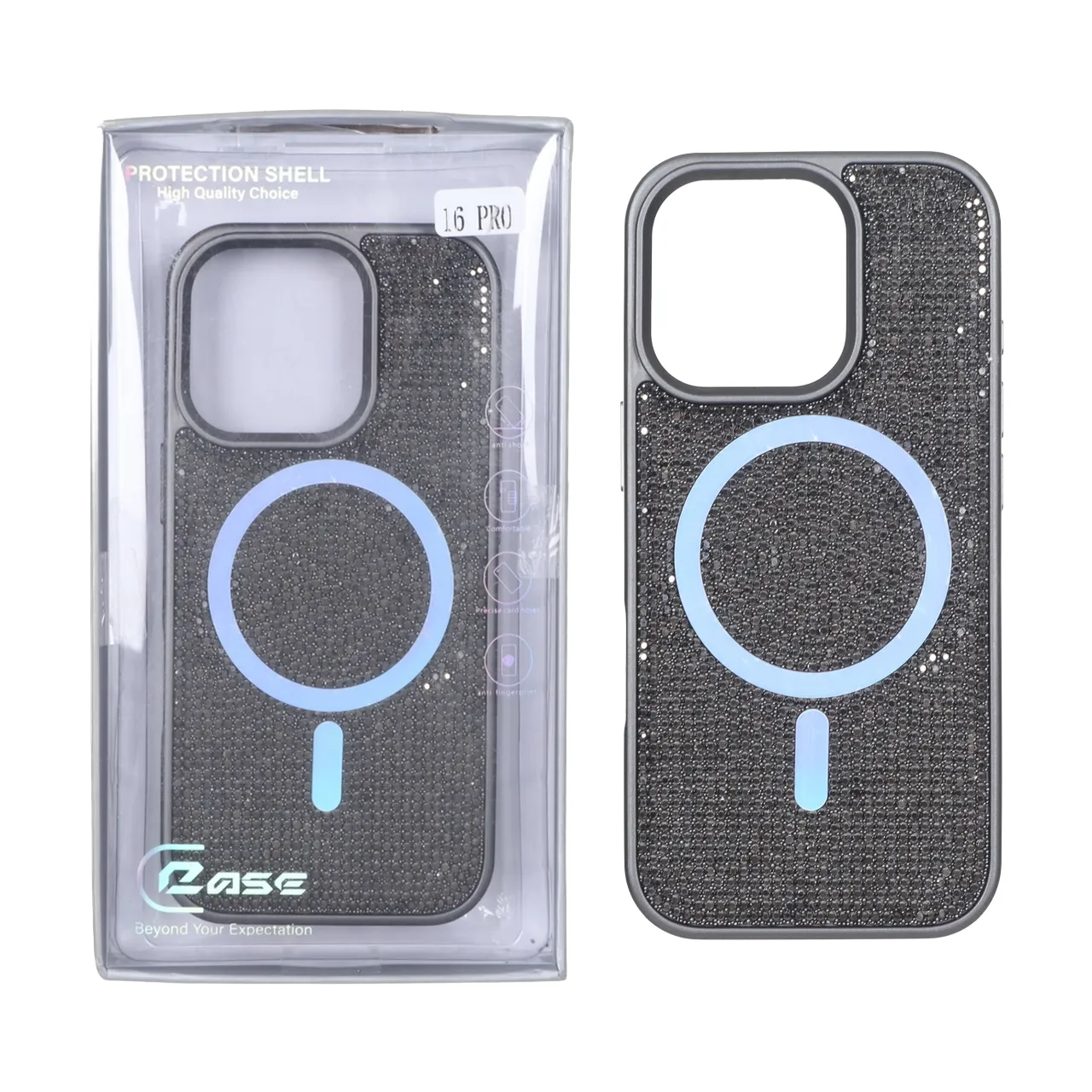 قاب C Case نگین دار MagSafe هولوگرامی محافظ لنزدار Apple iPhone 16 Pro - خاکستری (پک دار)