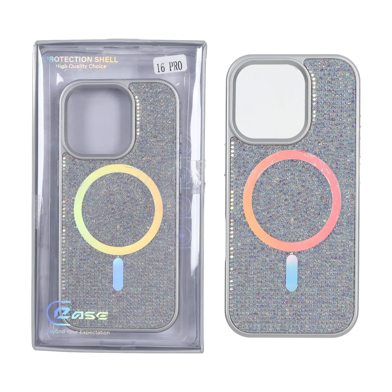 قاب C Case نگین دار MagSafe هولوگرامی محافظ لنزدار Apple iPhone 16 Pro - هفت رنگ (پک دار)