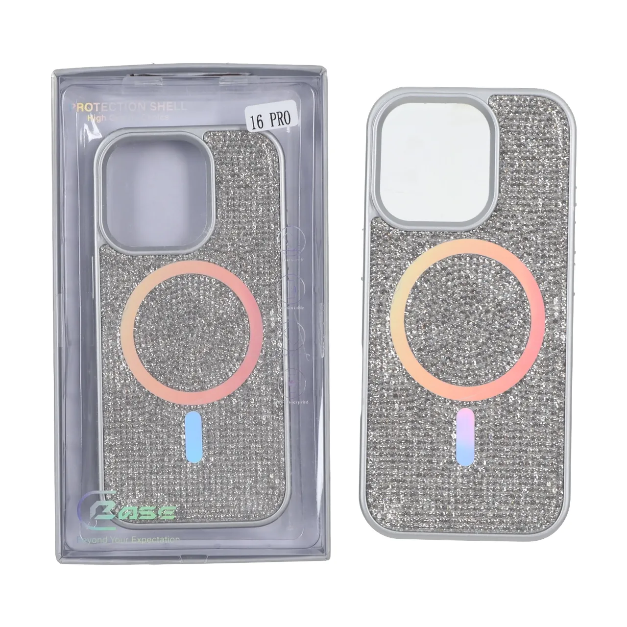 قاب C Case نگین دار MagSafe هولوگرامی محافظ لنزدار Apple iPhone 16 Pro - نقره ای (پک دار)