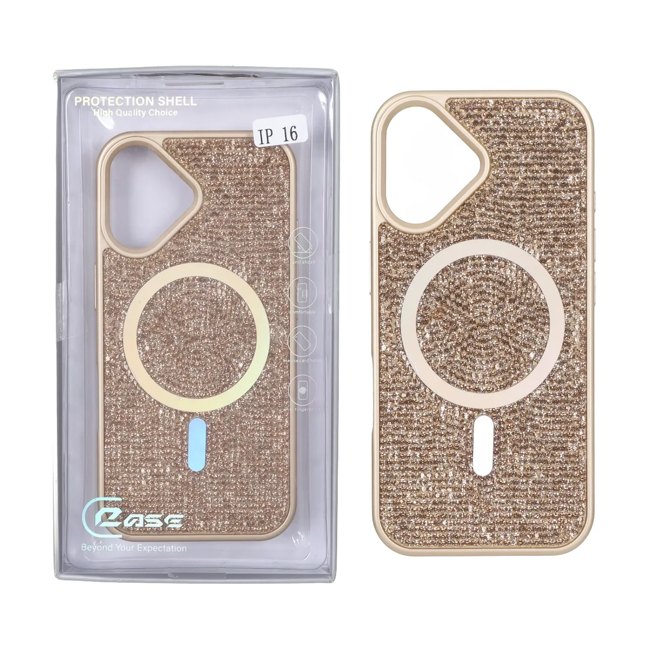 قاب C Case نگین دار MagSafe هولوگرامی محافظ لنزدار Apple iPhone 16 - طلایی (پک دار)
