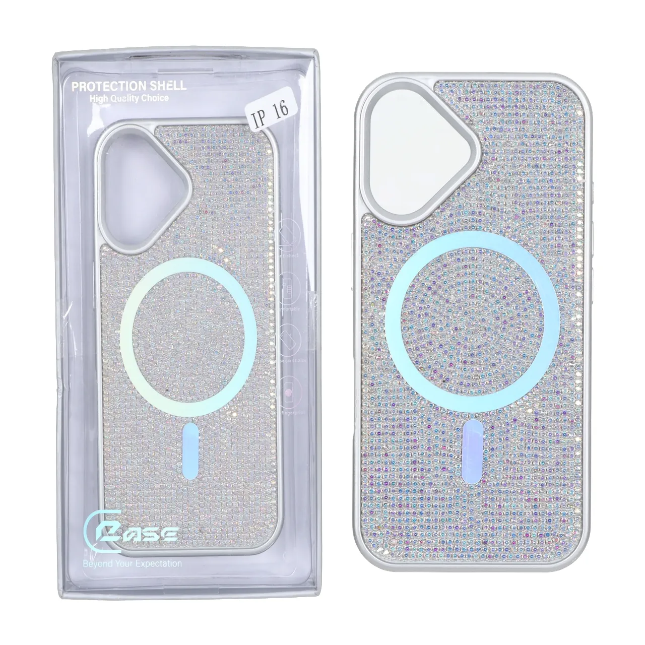 قاب C Case نگین دار MagSafe هولوگرامی محافظ لنزدار Apple iPhone 16 - هفت رنگ (پک دار)