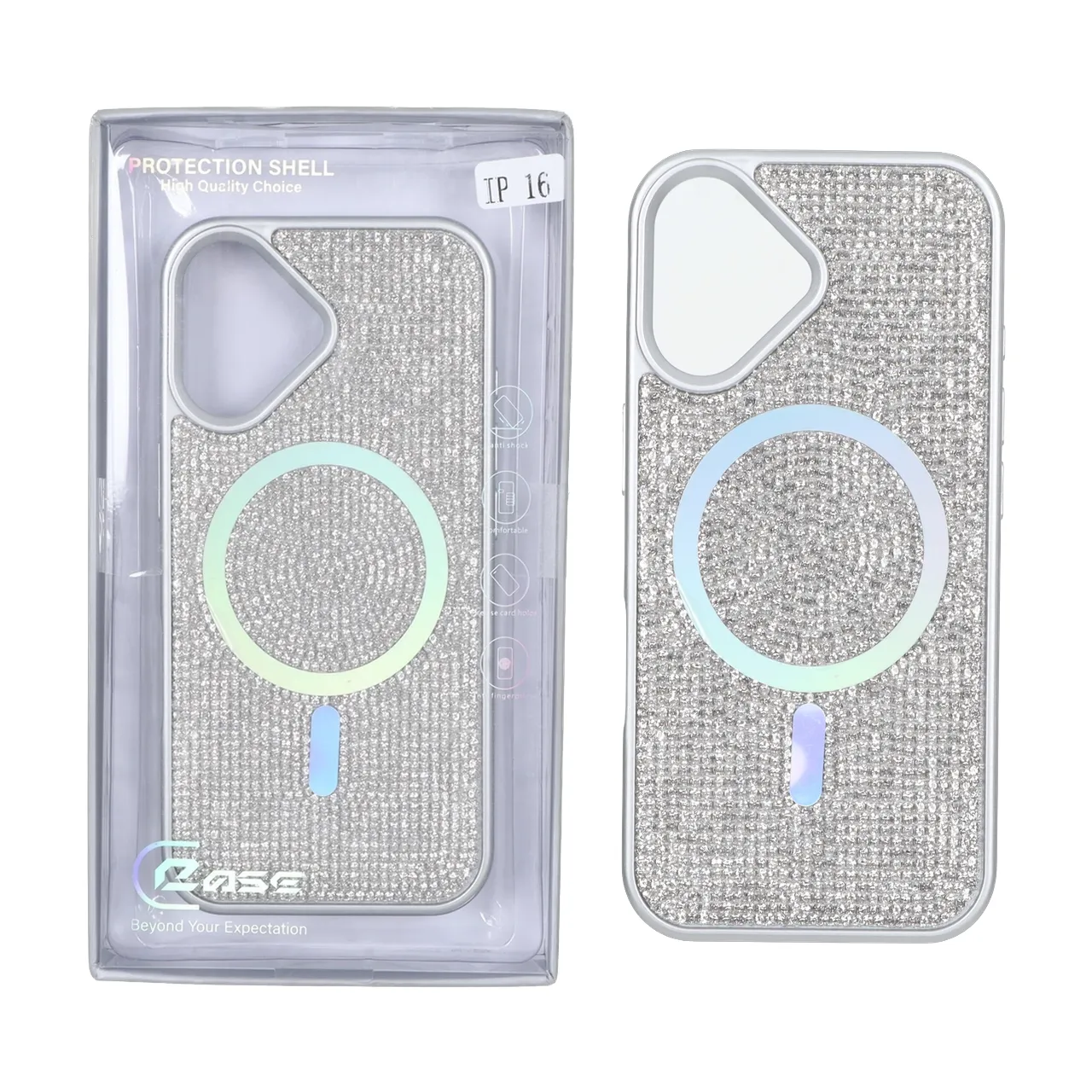 قاب C Case نگین دار MagSafe هولوگرامی محافظ لنزدار Apple iPhone 16 - نقره ای (پک دار)