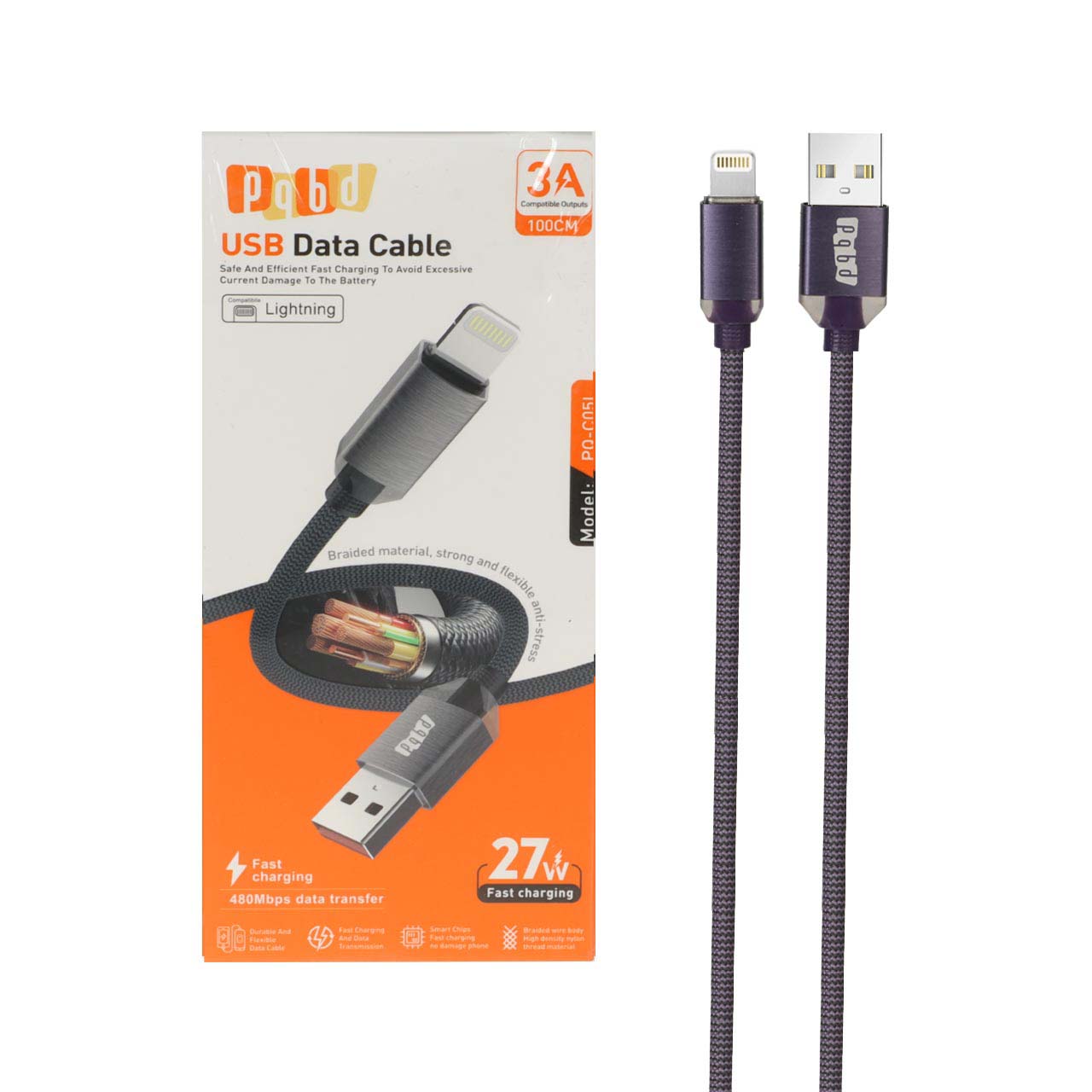 کابل شارژ فست آیفون pqbd مدل PQ-C05L 27W - بنفش (پک ضعیف)