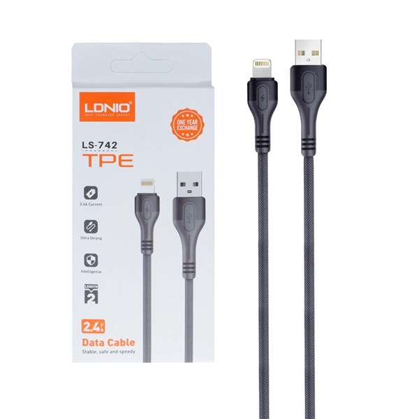 کابل شارژ فست 2 متری آیفون LDNIO مدل LS-742 - خاکستری - NZR