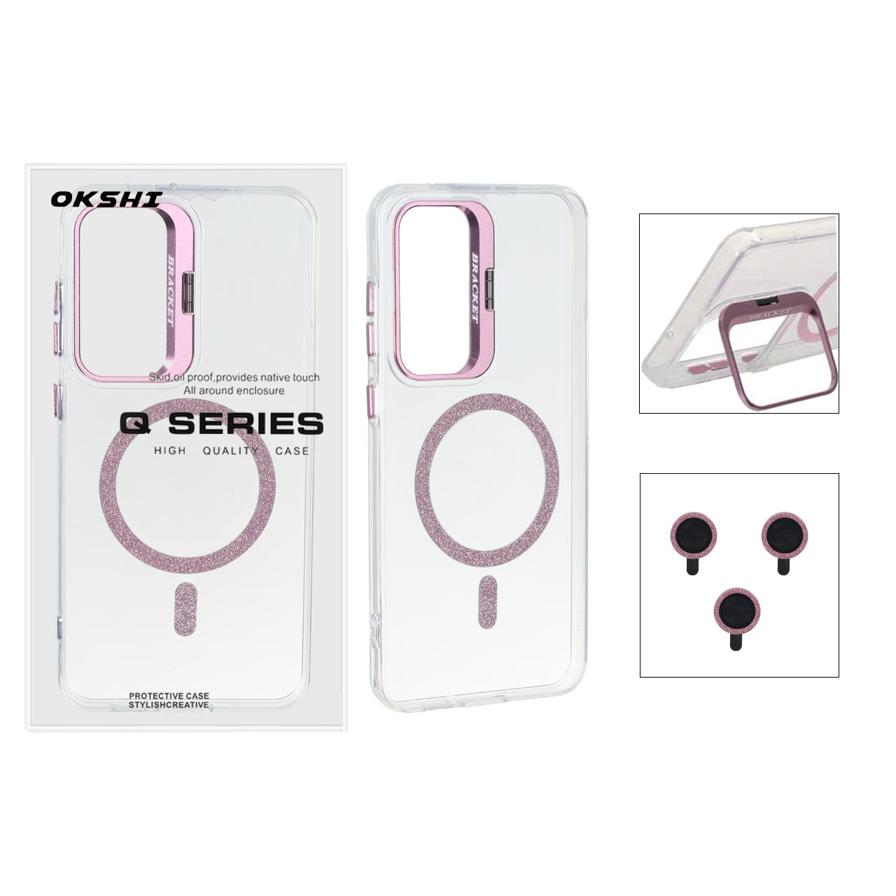 قاب Bracket شفاف Magsafe اکلیلی با ست محافظ لنز رینگی Samsung Galaxy S24 FE - صورتی (پک دار)