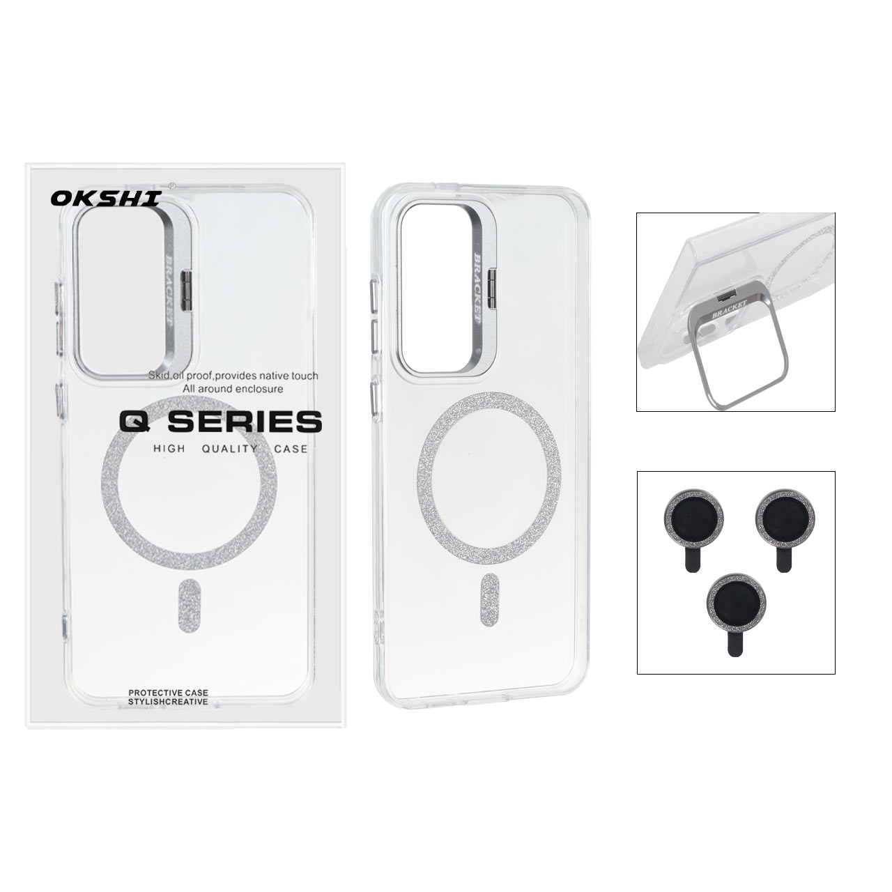 قاب Bracket شفاف Magsafe اکلیلی با ست محافظ لنز رینگی Samsung Galaxy S24 FE - نقره ای (پک دار)