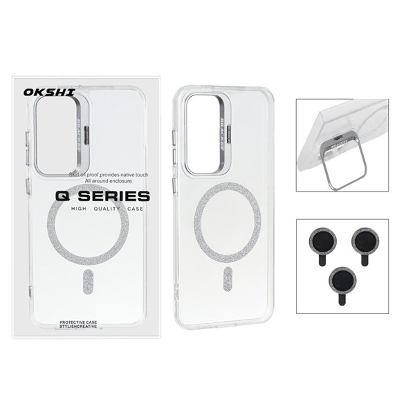 قاب Bracket شفاف Magsafe اکلیلی با ست محافظ لنز رینگی Samsung Galaxy S24 FE - نقره ای (پک دار)