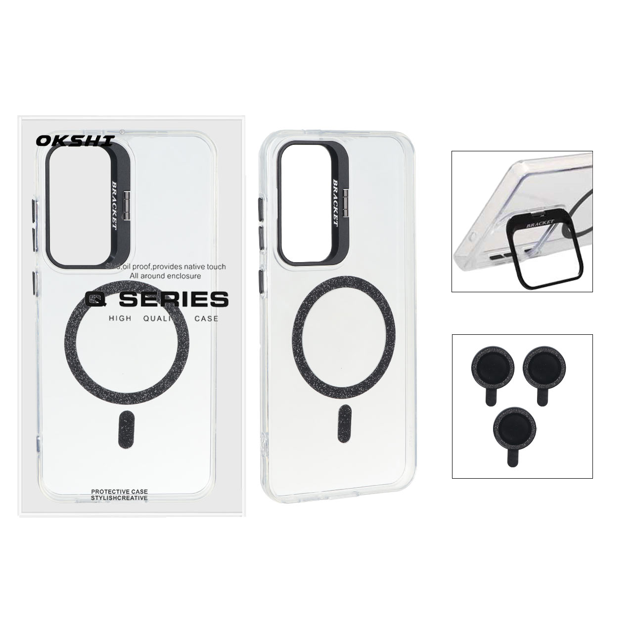 قاب Bracket شفاف Magsafe اکلیلی با ست محافظ لنز رینگی Samsung Galaxy S24 FE - مشکی (پک دار)
