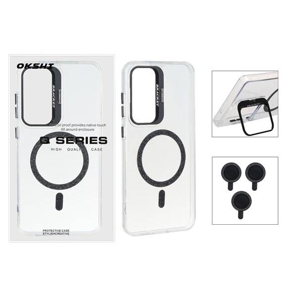 قاب Bracket شفاف Magsafe اکلیلی با ست محافظ لنز رینگی Samsung Galaxy S24 FE - مشکی (پک دار)