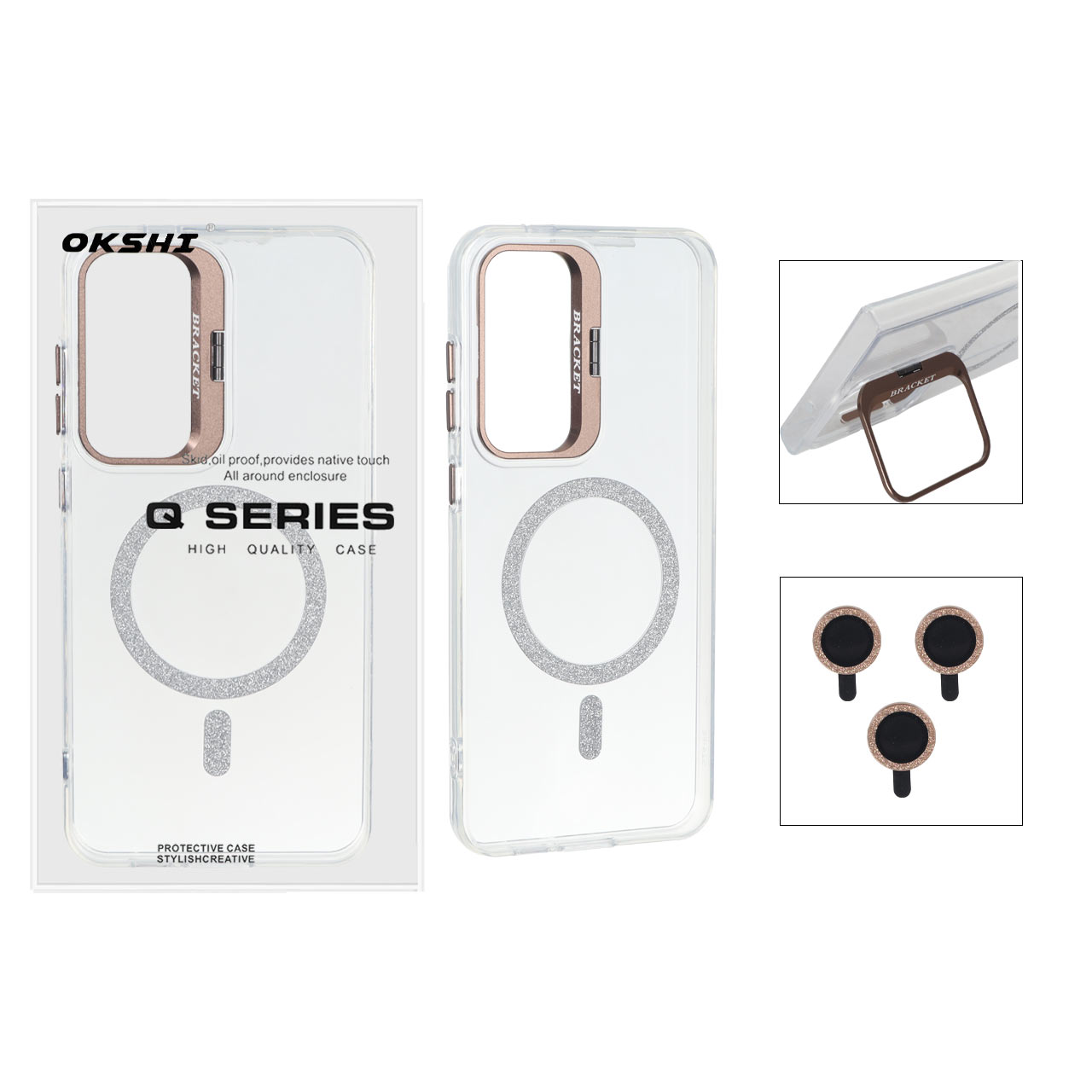 قاب Bracket شفاف Magsafe اکلیلی با ست محافظ لنز رینگی Samsung Galaxy S24 FE - قهوه ای (پک دار)