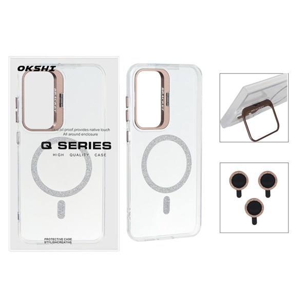 قاب Bracket شفاف Magsafe اکلیلی با ست محافظ لنز رینگی Samsung Galaxy S24 FE - قهوه ای (پک دار)