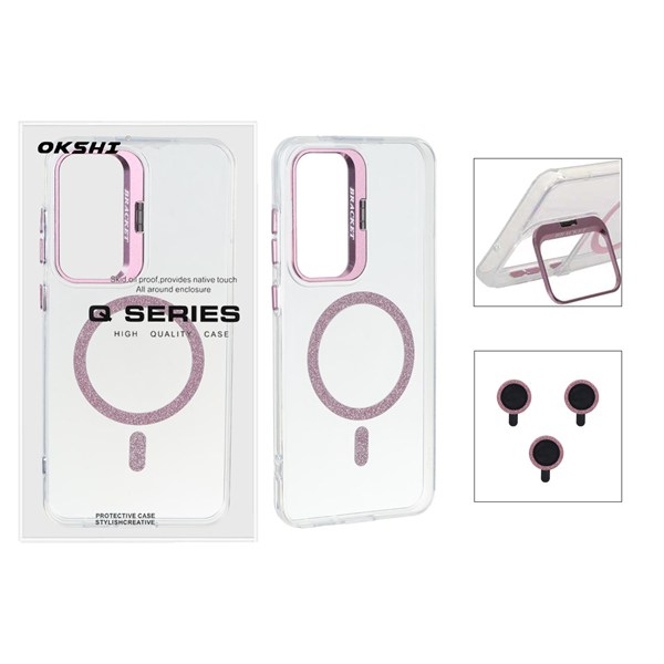 قاب Bracket شفاف Magsafe اکلیلی با ست محافظ لنز رینگی Samsung Galaxy S25 FE - صورتی (پک دار)