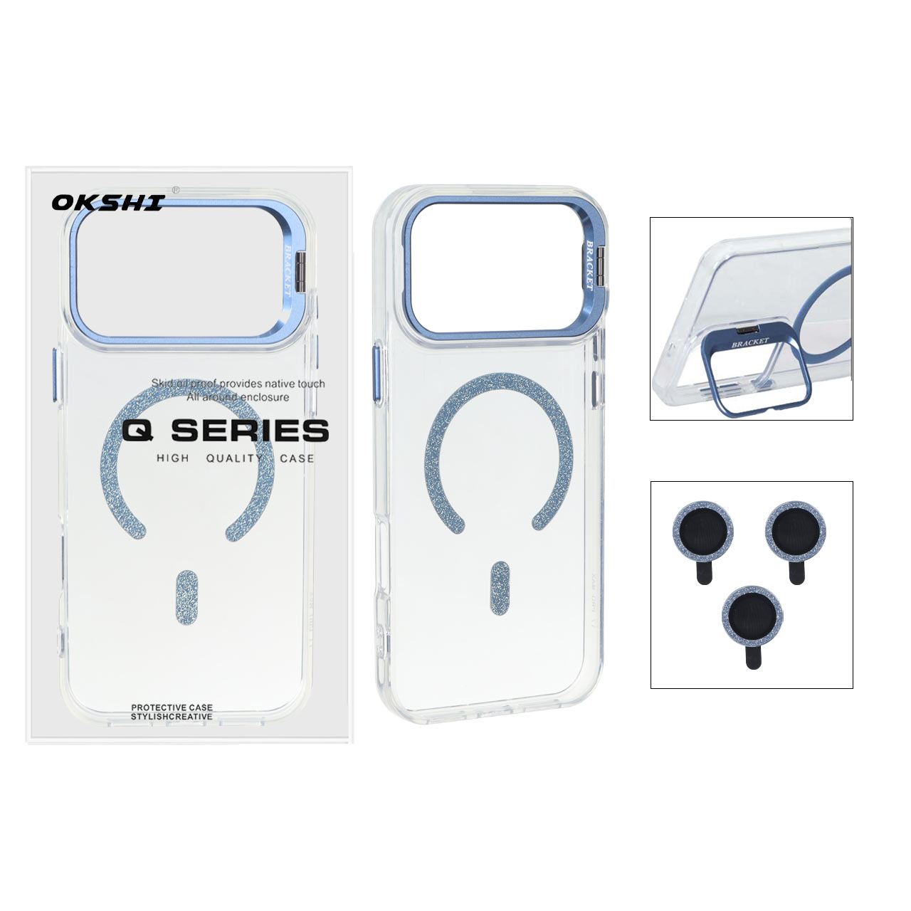 قاب Bracket شفاف Magsafe اکلیلی با ست محافظ لنز رینگی Apple iPhone 17 Pro Max - آِبی (پک دار)