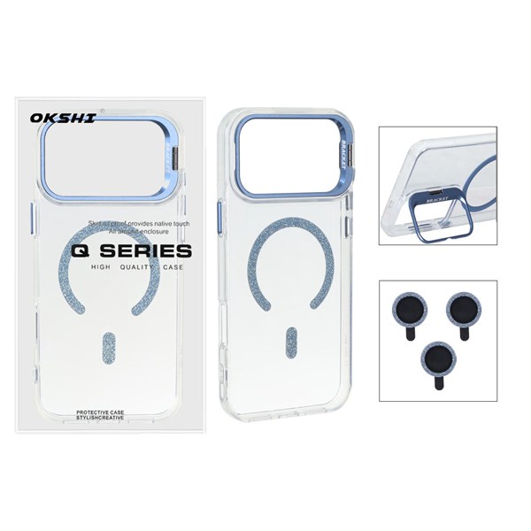 قاب Bracket شفاف Magsafe اکلیلی با ست محافظ لنز رینگی Apple iPhone 17 Pro Max - آِبی (پک دار)