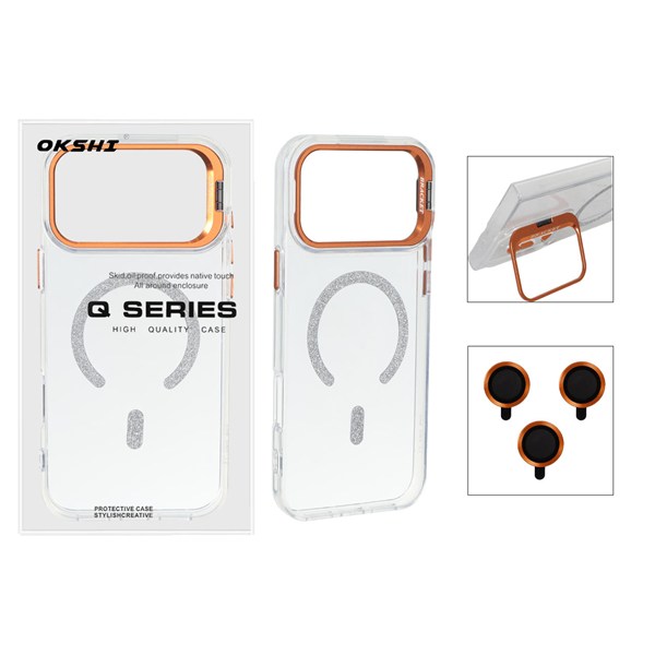 قاب Bracket شفاف Magsafe اکلیلی با ست محافظ لنز رینگی Apple iPhone 17 Pro Max - نارنجی (پک دار)