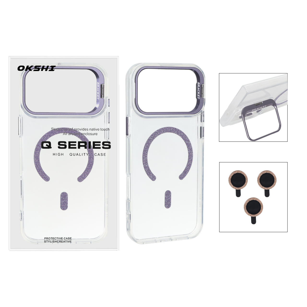 قاب Bracket شفاف Magsafe اکلیلی با ست محافظ لنز رینگی Apple iPhone 17 Pro Max - بنفش (پک دار)
