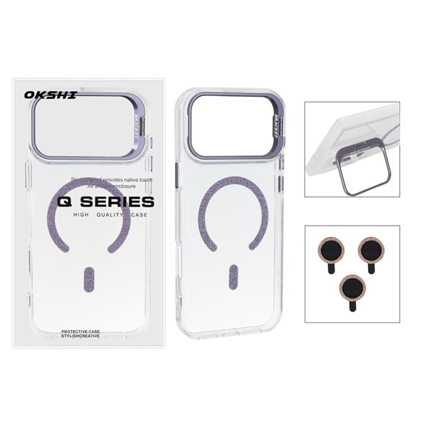 قاب Bracket شفاف Magsafe اکلیلی با ست محافظ لنز رینگی Apple iPhone 17 Pro Max - بنفش (پک دار)