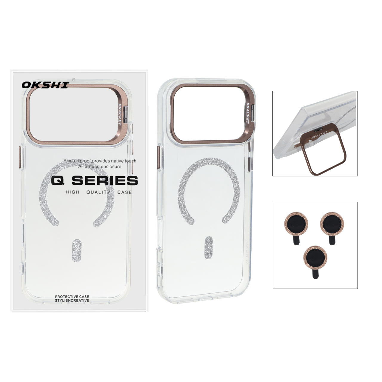 قاب Bracket شفاف Magsafe اکلیلی با ست محافظ لنز رینگی Apple iPhone 17 Pro Max - قهوه ای (پک دار)
