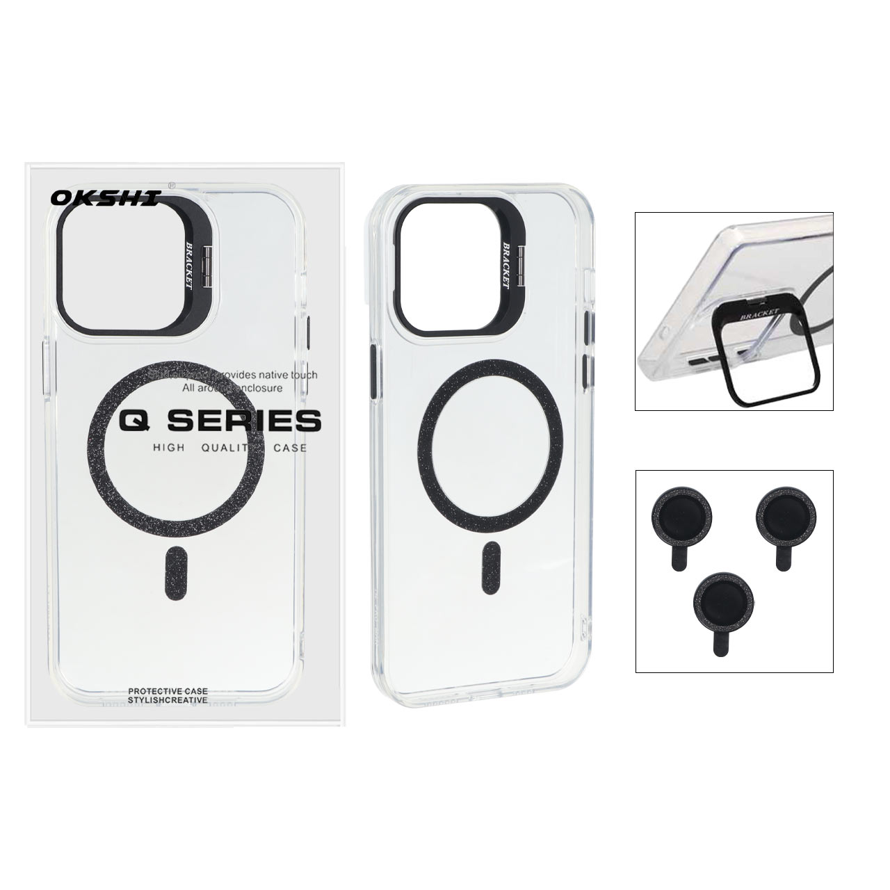 قاب Bracket شفاف Magsafe اکلیلی با ست محافظ لنز رینگی Apple iPhone 14 Pro Max - مشکی (پک دار)