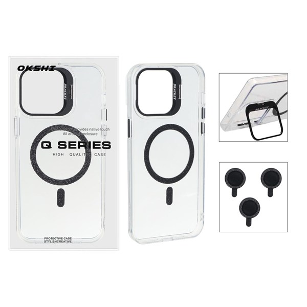قاب Bracket شفاف Magsafe اکلیلی با ست محافظ لنز رینگی Apple iPhone 14 Pro Max - مشکی (پک دار)