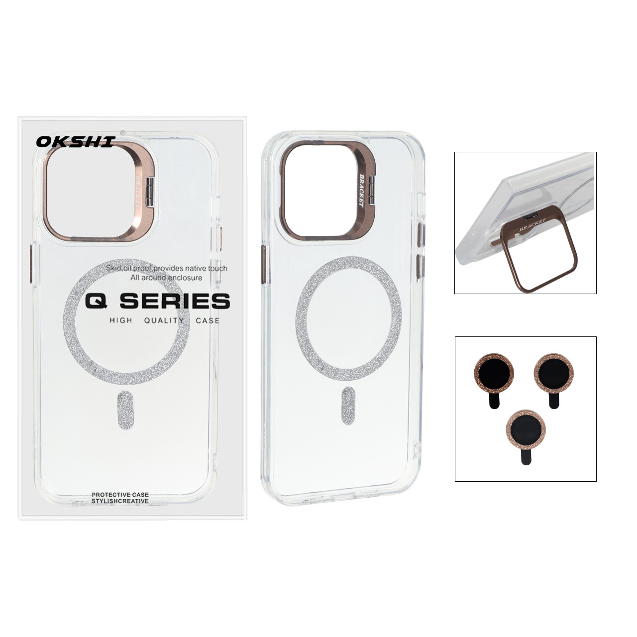 قاب Bracket شفاف Magsafe اکلیلی با ست محافظ لنز رینگی Apple iPhone 14 Pro Max - قهوه ای (پک دار)