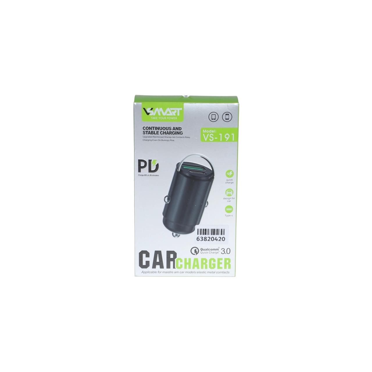 شارژر فندکی PD و فست دو پورت Vsmart مدل VS-191 - مشکی - ASP (گارانتی شش ماهه آروین)