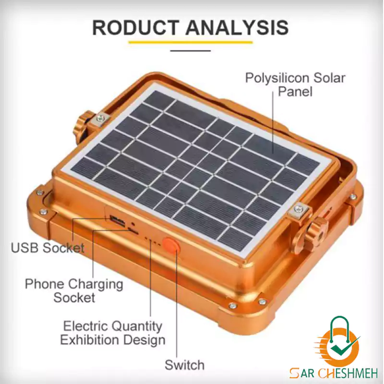 چراغ شارژی کمپینگ پایه دار مدل Solar 1000w (دارای پنل خورشیدی) - نارنجی (کارکرده)