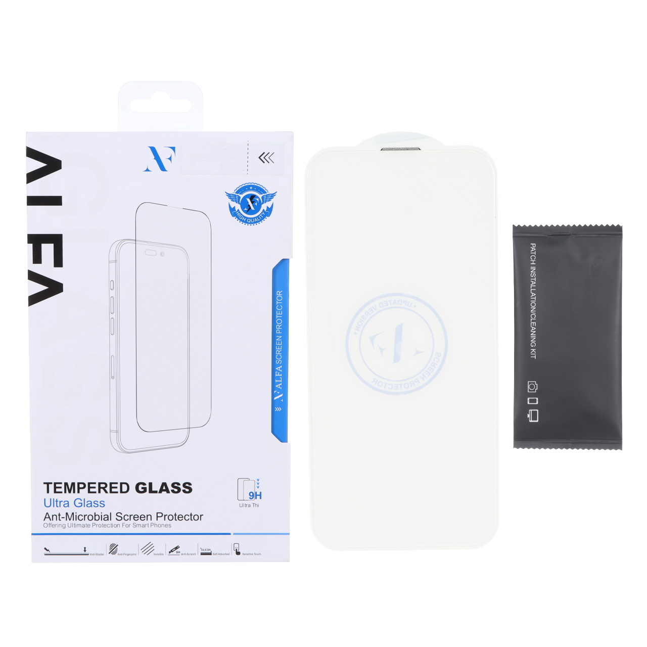 محافظ صفحه نمایش شیشه ای اورجینال ALFA بدون حاشیه Apple iPhone 16 / iPhone 15 / iPhone 14 Pro (پک دار)