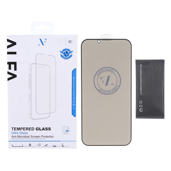 محافظ صفحه نمایش شیشه ای اورجینال Full Cover Privacy ALFA مدل Apple iPhone 13 / iPhone 13 Pro / iPhone 14 / 16e (پک دار)