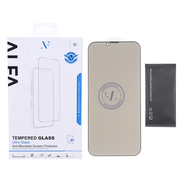 محافظ صفحه نمایش شیشه ای اورجینال Full Cover Privacy ALFA مدل Apple iPhone 13 Pro Max / iPhone 14 Plus (پک دار)