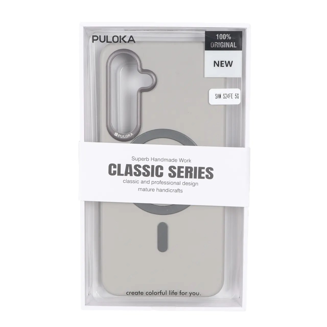 قاب Puloka چرمی Magnet فلزی دور لنز براق Samsung Galaxy S24 FE - طوسی (پک دار)