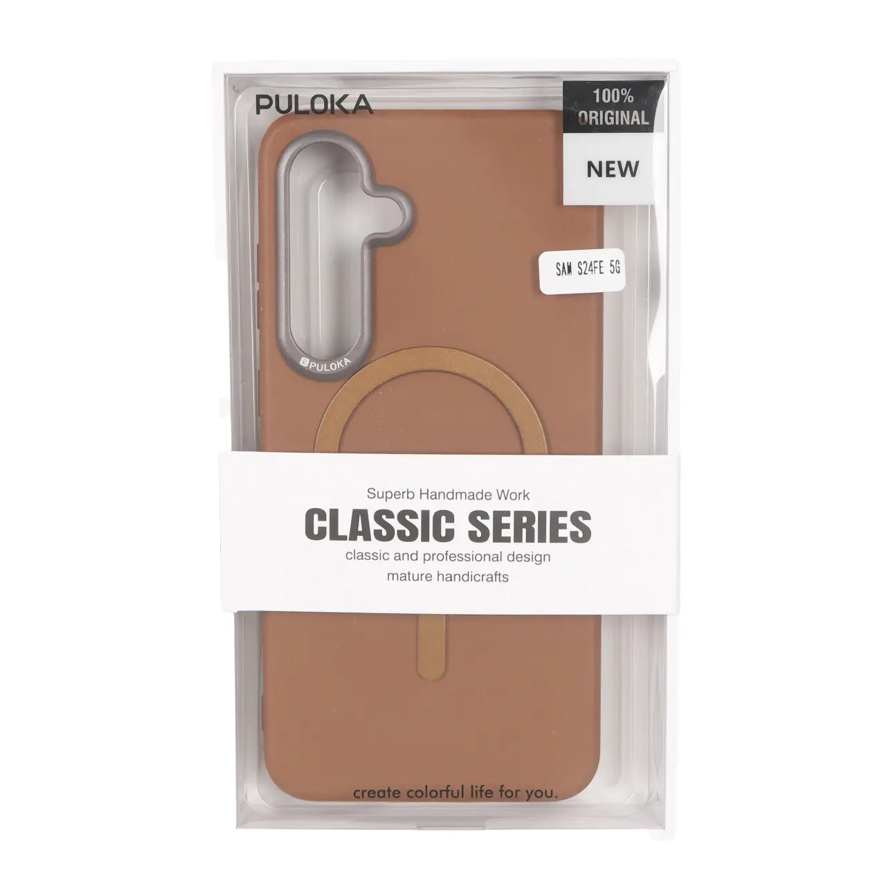 قاب Puloka چرمی Magnet فلزی دور لنز براق Samsung Galaxy S24 FE - قهوه ای (پک دار)