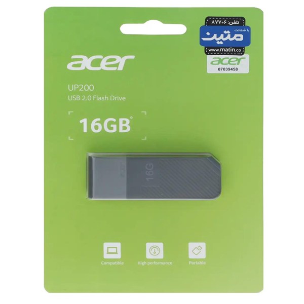 فلش مموری Acer مدل UP200 USB2.0 ظرفیت 16GB - خاکستری (گارانتی متین)