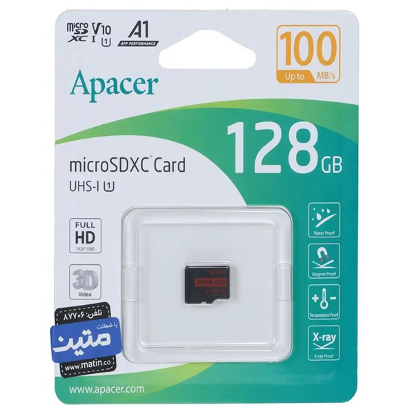 کارت حافظه Apacer MicroSDXC کلاس U1 استاندارد UHS-I سرعت 100MB/s ظرفیت 128GB - مشکی (گارانتی متین)