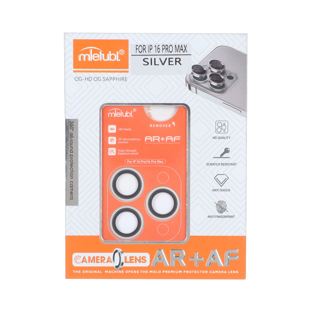 محافظ لنز رینگی اورجینال Mietubl شابلون دار Apple iPhone 16 Pro Max / iPhone 16 Pro - نقره ای (پک نارنجی)