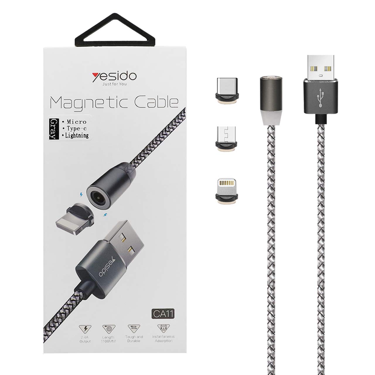 کابل شارژ فست مگنتی تبدیل USB به لایتنینگ-yesido Type-c-MicroUSB مدل CA11-خاکستری (گارانتی 18 ماه تعویض نیکان همراه)