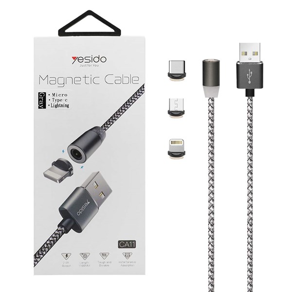 کابل شارژ فست مگنتی تبدیل USB به لایتنینگ-yesido Type-c-MicroUSB مدل CA11-خاکستری (گارانتی 18 ماه تعویض نیکان همراه)