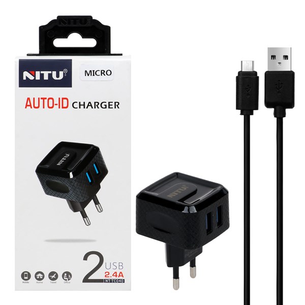 شارژر دیواری فست دو پورت NITU مدل TC040 به همراه کابل شارژ اندروید - مشکی (گارانتی 18 ماه تعویض نیکان همراه)