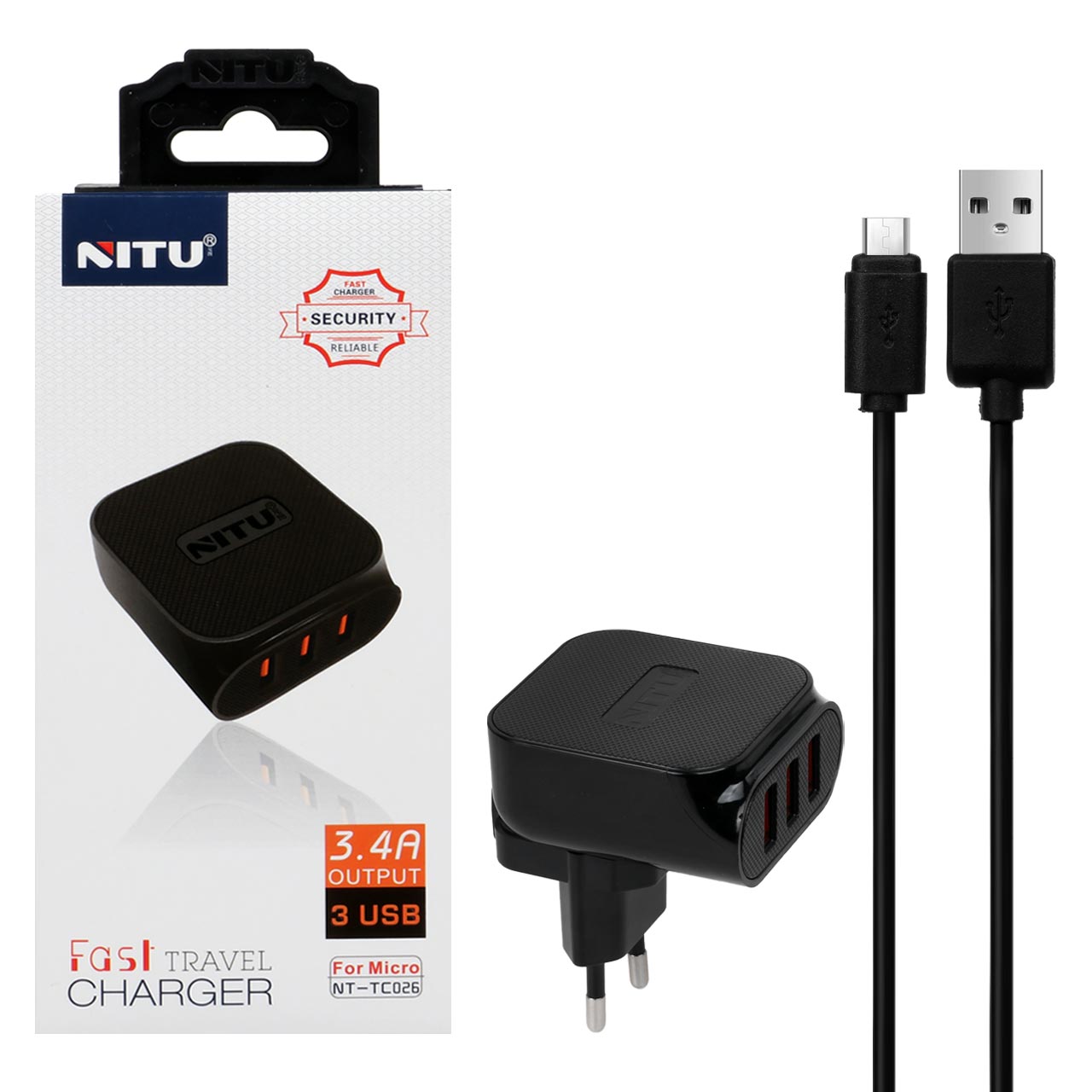 شارژر دیواری فست سه پورت  NITU مدل TC026 به همراه کابل شارژ اندروید - مشکی (گارانتی 18 ماه تعویض نیکان همراه)