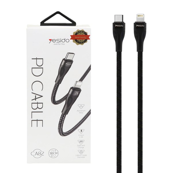 کابل شارژ پاوربانک PD و فست yesido Type-C To Lightning مدل CA82 - مشکی (گارانتی 18 ماه تعویض نیکان همراه)