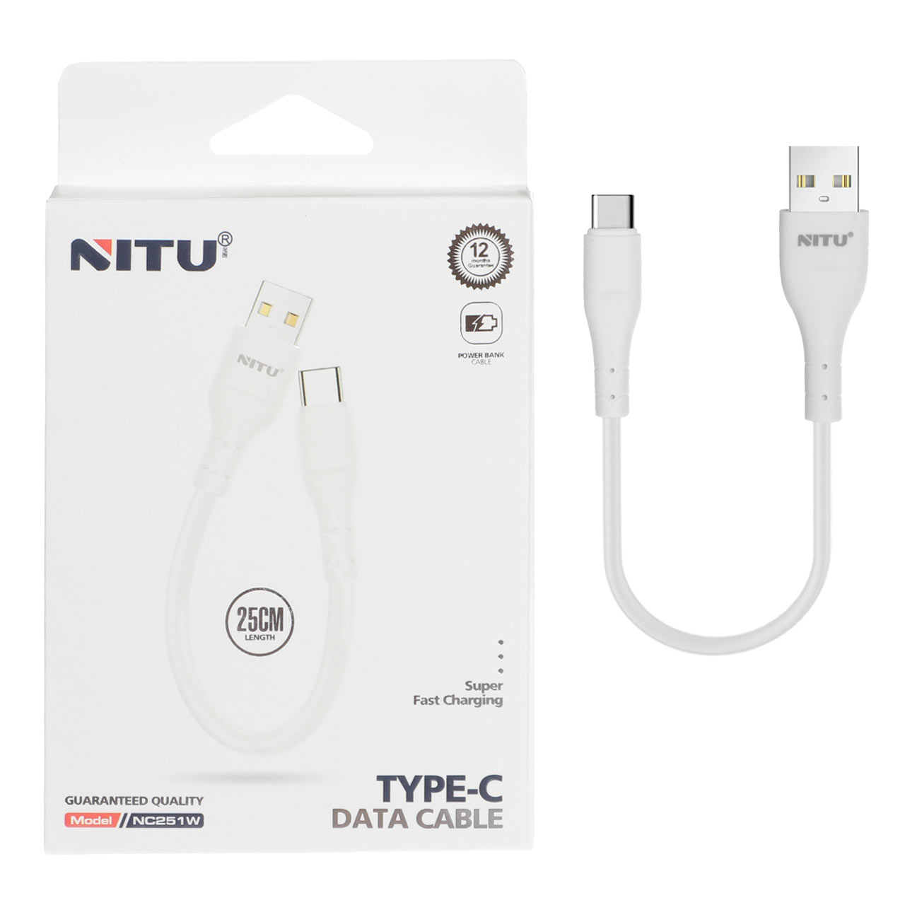کابل شارژ پاوربانک فست NITU Type-C مدل NC251W - سفید (گارانتی 18 ماه تعویض نیکان همراه)