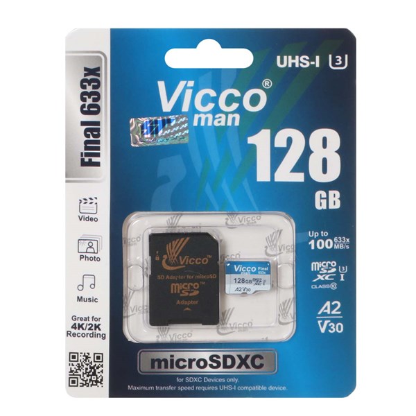 Vicco man Final 633X microSDXC & adapter UHS-I U3 Class 10-100MB/s -128GB (گارانتی مادام‌العمر رایانه نوین سگال)