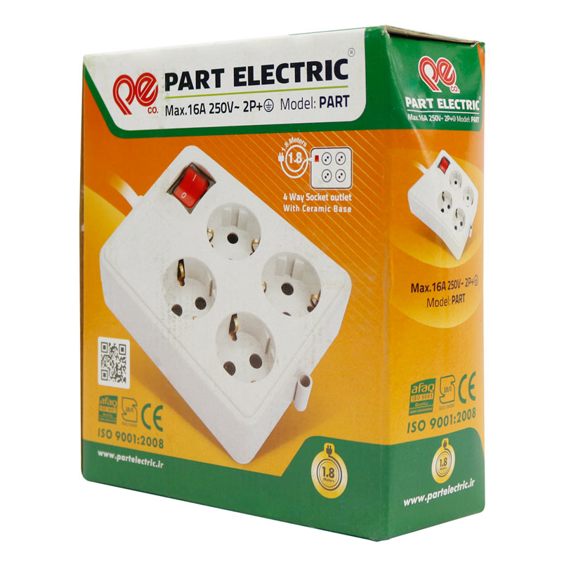 چند راهی 4 خانه ارت دار پارت الکتریک PE317 با کابل 1.8 متری